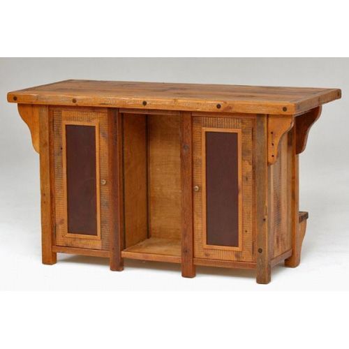 Rustic wooden kitchen island with a rectangular countertop, two cupboard doors with metal inserts, and an open center.