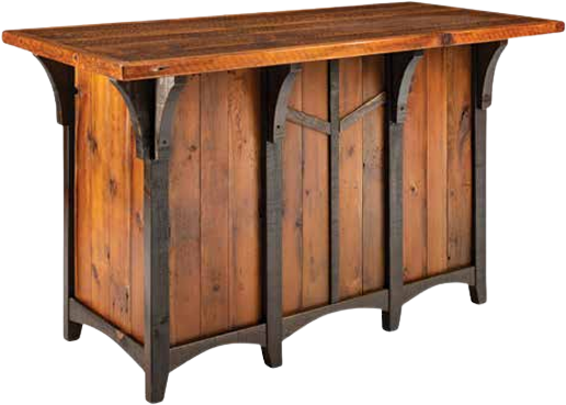 A rustic, rectangular wooden bar with vertical plank paneling, dark wood framing, and decorative arched brackets.