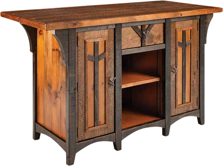 Rustic wooden kitchen island featuring a warm oak top, two side cabinets, an open middle shelf, and a top drawer.