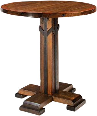 A round, rustic wooden pub table with a square central pedestal base featuring metal corner accents.