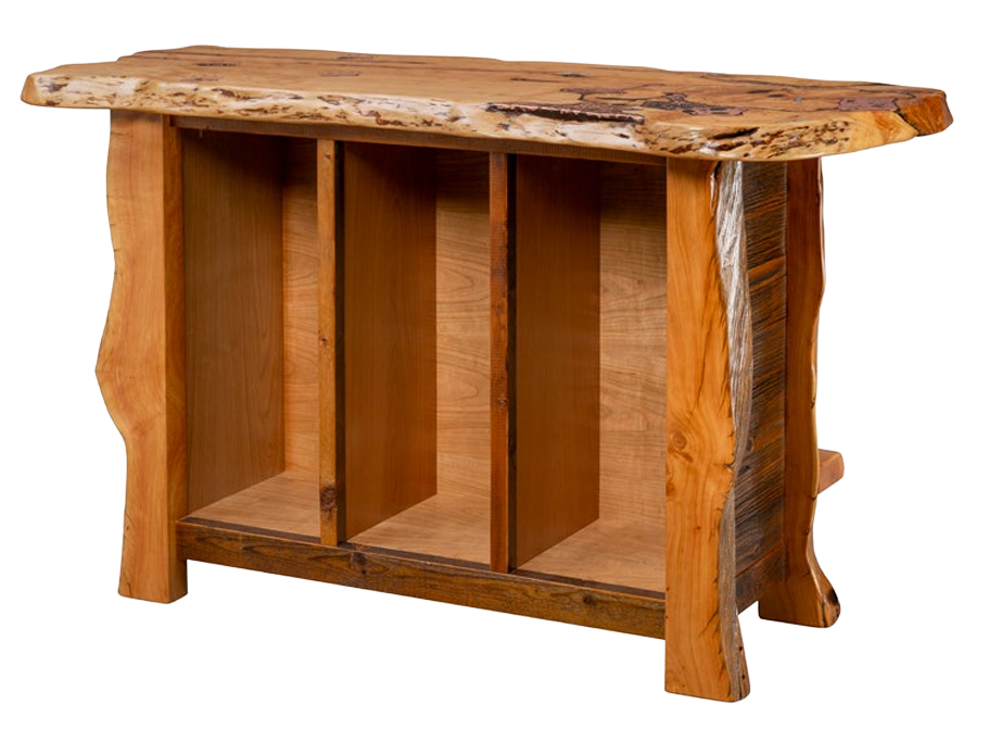 A rustic, live-edge wooden console table with three open storage compartments, featuring a light-toned natural wood grain.