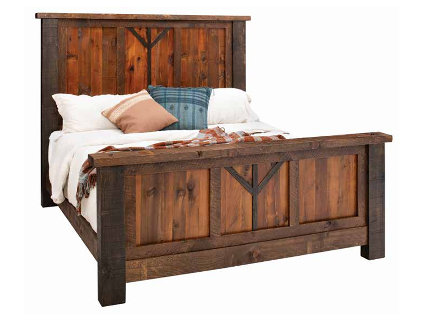 A rustic wooden bed frame with a dark brown, distressed finish and a decorative Y-shaped brace on the headboard and foot.