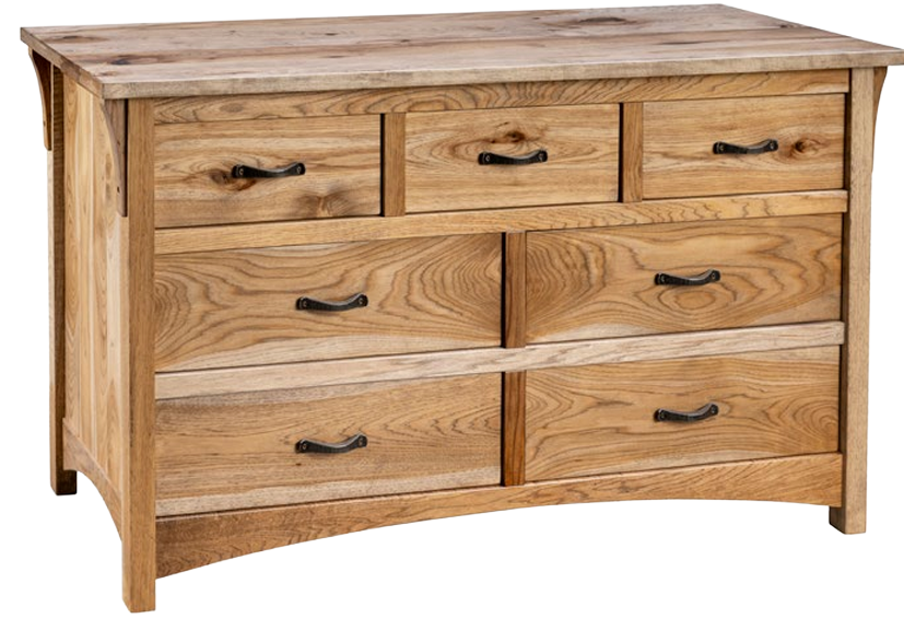 A light-wood dresser with a rustic finish, featuring three small top drawers over four larger drawers with dark handles.