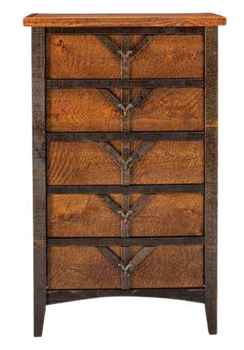 A tall, rustic wooden chest of drawers with five drawers featuring dark, v-shaped metal hardware accents.