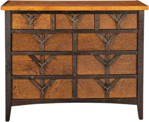 A rustic wooden dresser with a natural wood top and seven drawers featuring dark iron X-shaped accents and hardware.