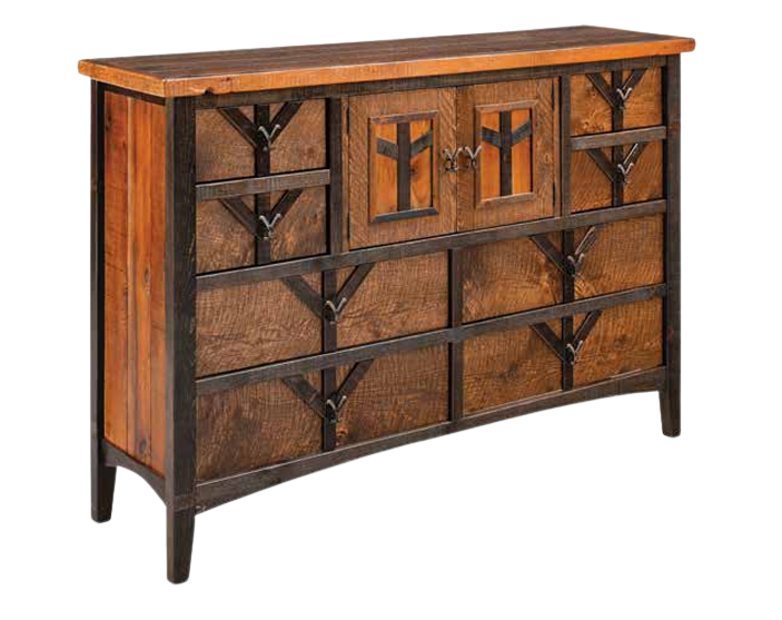 A rustic wooden sideboard with two central cabinet doors, flanked by decorative panels and drawers, in brown and black.