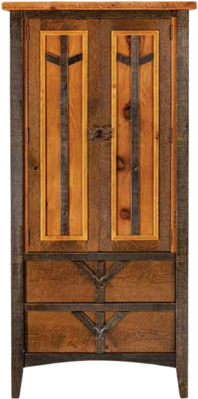 Tall, rustic wooden cabinet featuring two doors with metal accents and two drawers with V-shaped iron hardware.