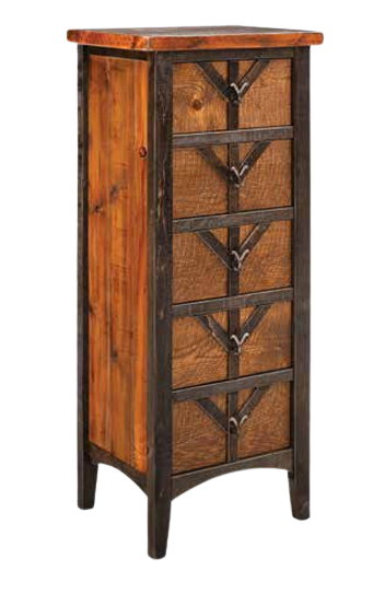 A rustic, tall wooden chest of drawers with a dark frame, five drawers featuring V-shaped braces, and a light wood top.