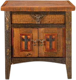Rustic nightstand featuring a single drawer with a metal eagle motif and two cabinet doors accented with cross inlays.