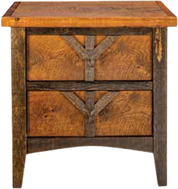A rustic wooden nightstand with two drawers, featuring a light brown top and dark, weathered wood trim and legs.