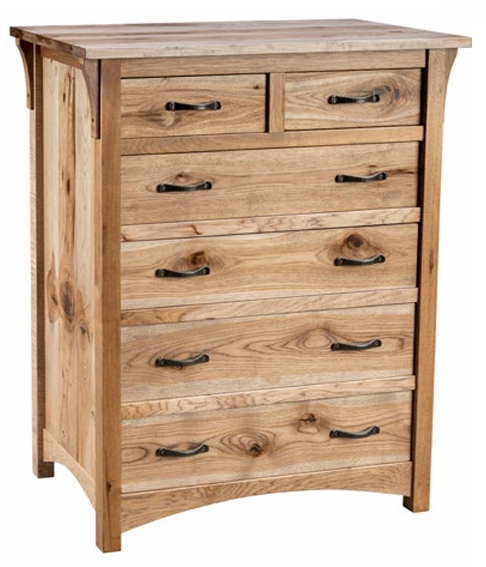 Rustic wooden chest of drawers with two small top drawers and four full-width drawers, all with dark metal handles.