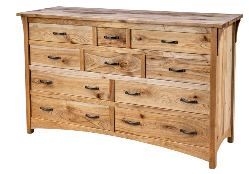 Rustic wooden dresser with nine drawers of varying sizes, featuring dark metal handles and a warm, natural wood grain.