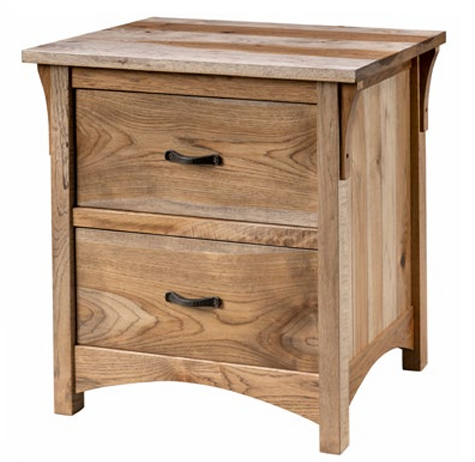A two-drawer wooden nightstand featuring a rustic natural finish, dark metal handles, and arched base detailing.