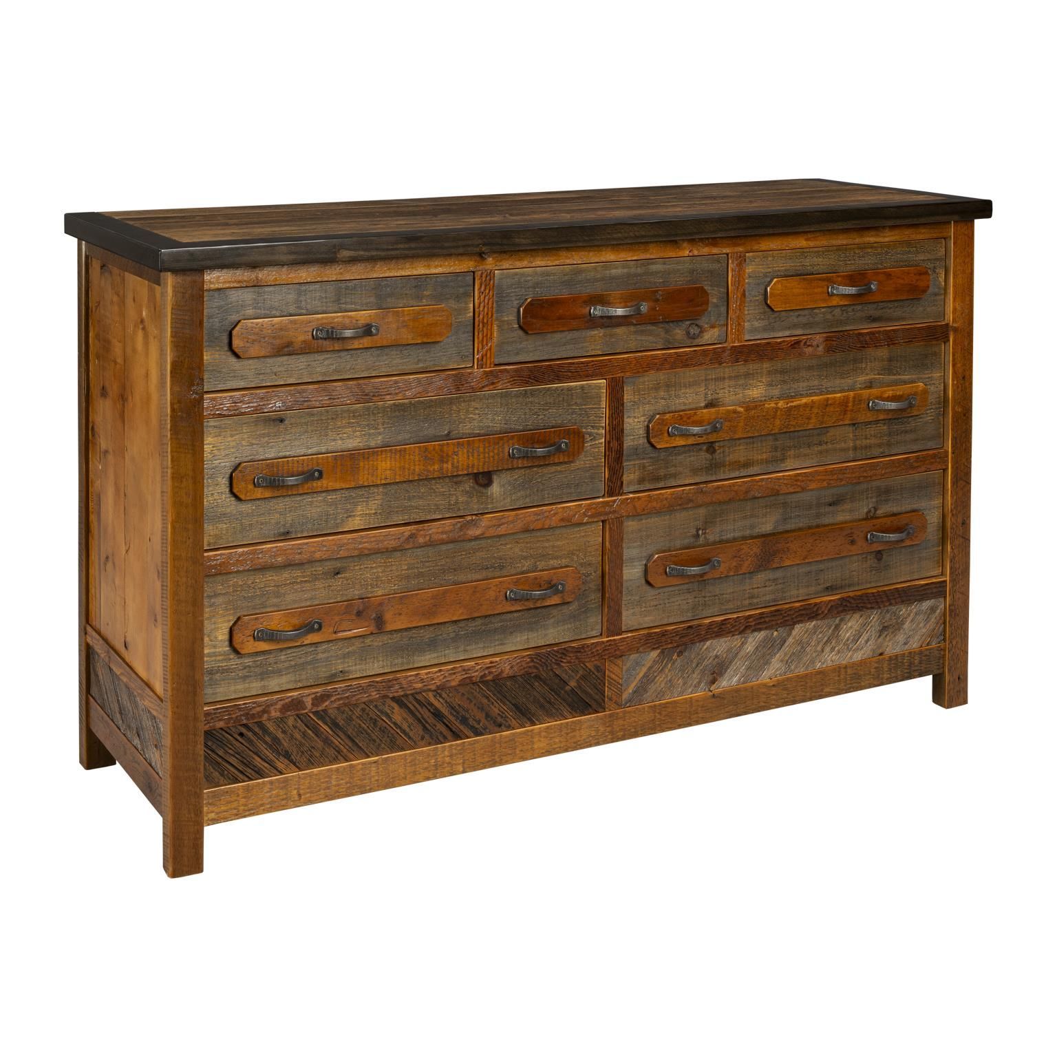 Rustic wooden dresser with seven drawers, featuring a dark stained top and a reclaimed wood texture finish.