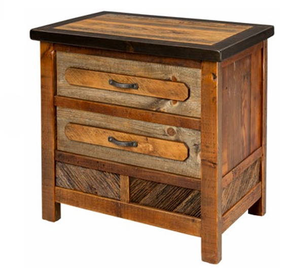 A rustic two-drawer nightstand made of reclaimed wood with dark metal hardware and a dark top border.