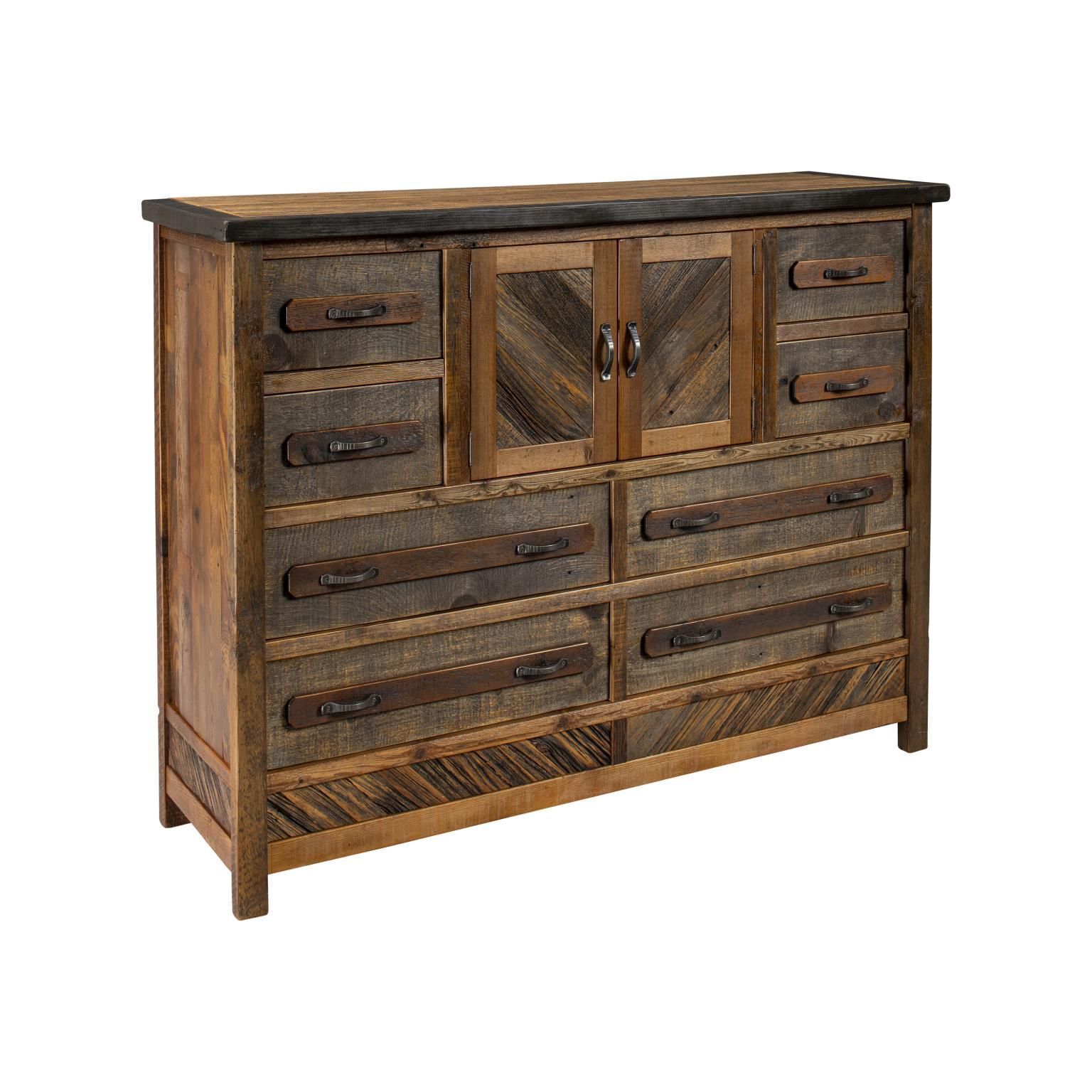 Rustic wooden dresser with two small side drawers, a central cabinet, and four wide lower drawers in varying wood tones.