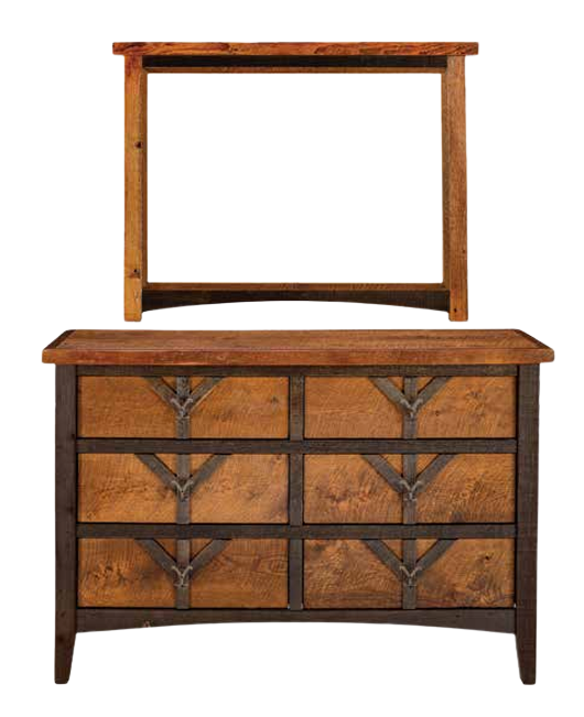 A rustic wooden six-drawer dresser with a matching wood-framed mirror positioned above it against a white background.