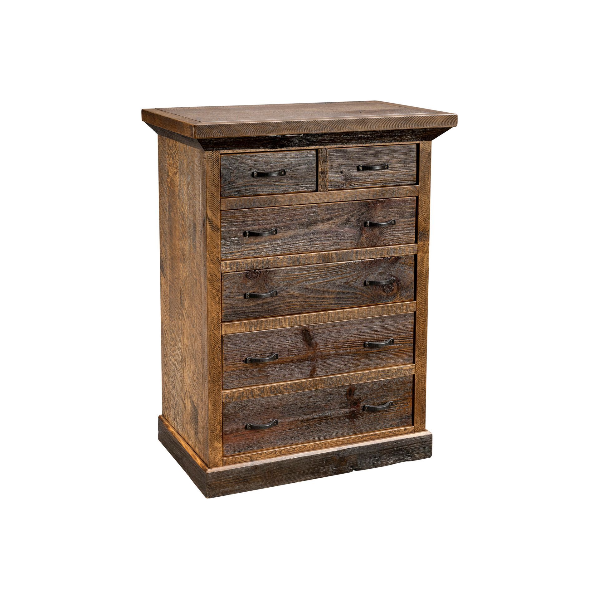 Wooden dresser with seven drawers, rustic brown finish.
