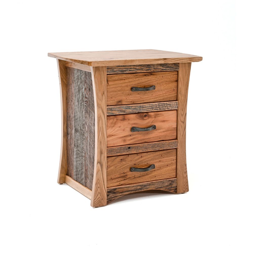 Wooden nightstand with three drawers, rustic design.