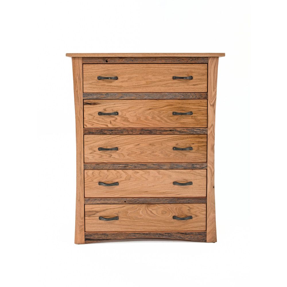 Wooden chest of drawers with five drawers and rustic hardware.