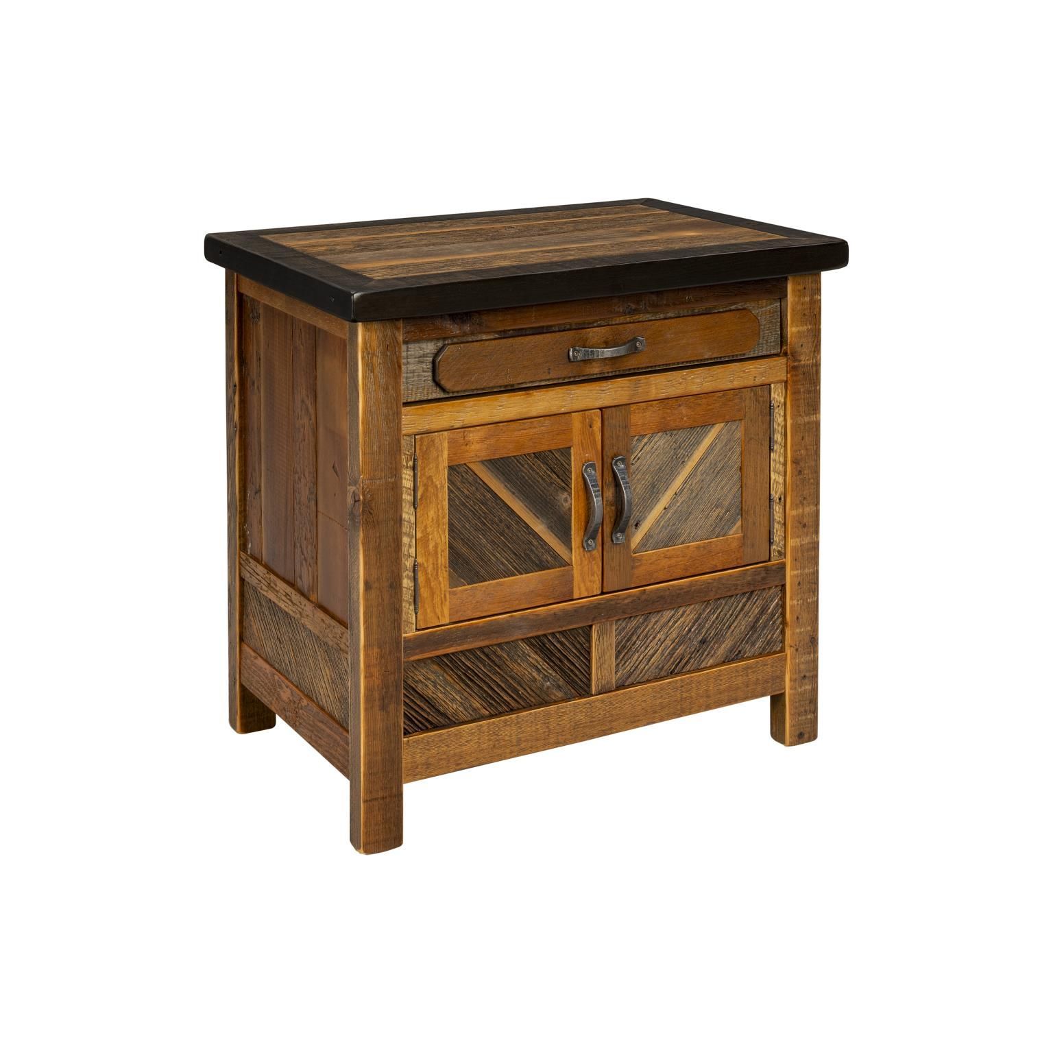Wooden nightstand with drawer and cabinet, featuring rustic wood design and dark top.