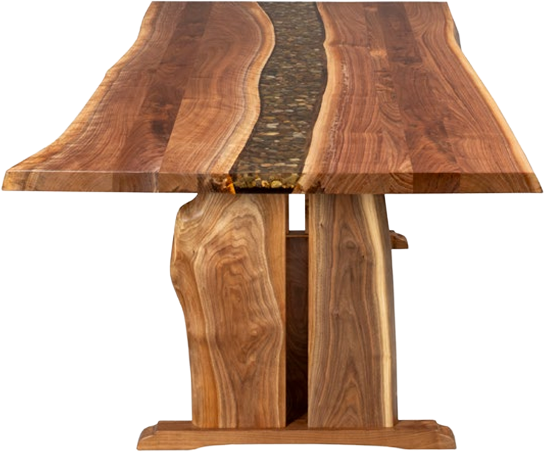 A live-edge wood dining table with a central dark, textured river-style inlay, supported by two vertical wood slab bases.