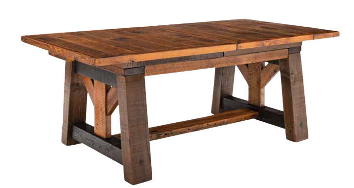A rustic rectangular dining table with a wooden top and a trestle base featuring dark supports against a white background.