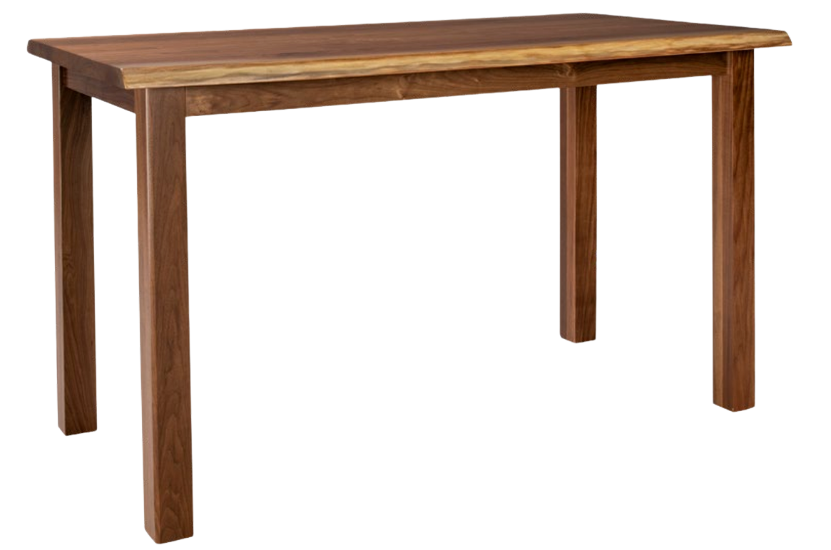 A rectangular wooden table with a natural live edge top and four sturdy, straight legs against a white background.