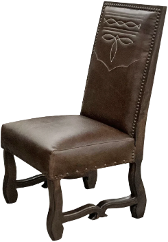 A dark brown leather dining chair with decorative stitching on the backrest and nailhead trim on a wooden frame.