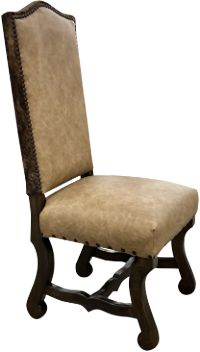 Tall, high-backed upholstered dining chair with a light beige seat and back, dark wood legs, and nailhead trim.