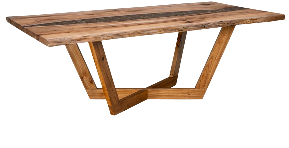A rectangular wooden dining table with a dark inlay down the center and unique, geometric angled legs.