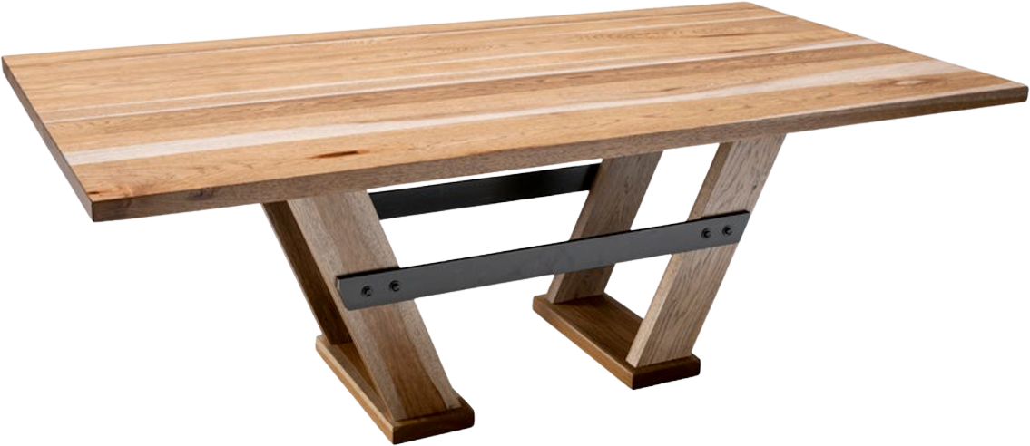 A rustic wooden dining table with a thick, light-toned top and an angled base connected by dark steel support bars.