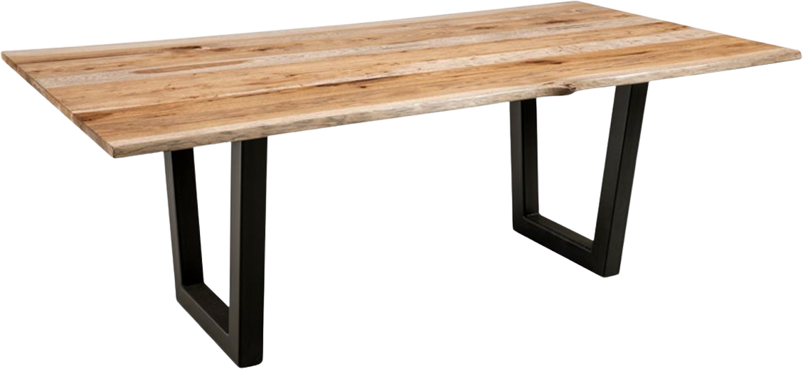 A rectangular dining table with a natural wood plank top and black metal U-shaped legs.