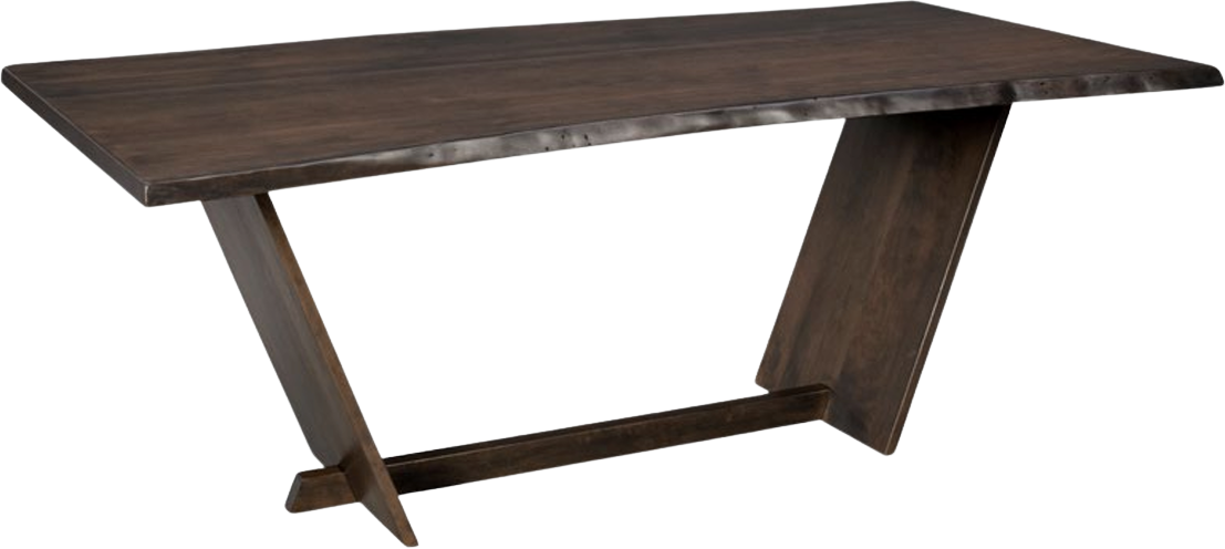 A dark wood dining table with a live edge top and two angled pedestal legs connected by a horizontal base bar.