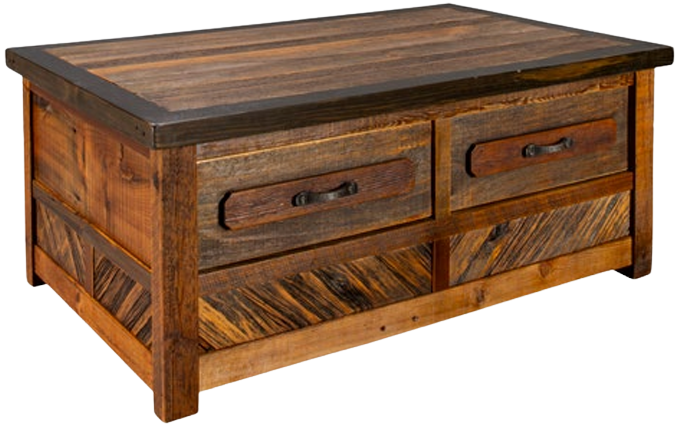 Rustic wooden coffee table with two drawers, a lower shelf, and a dark, weathered finish.