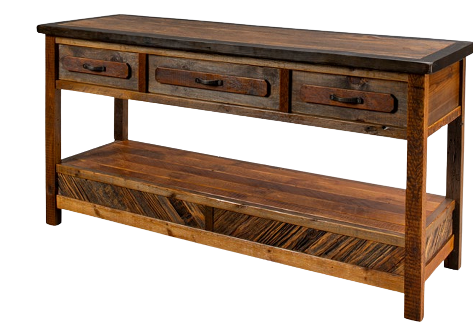 Rustic console table with a dark wood top, three drawers, and a lower shelf featuring a chevron-patterned wood base.