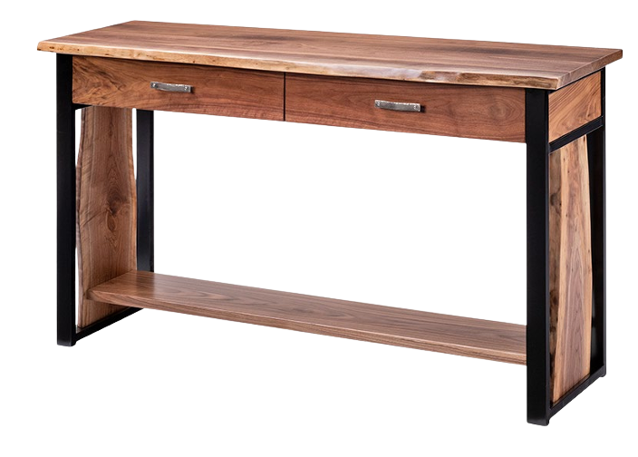 A rustic console table with a live-edge wooden top and bottom shelf, supported by a black metal frame and two drawers.