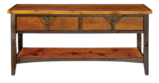 A rustic wooden console table with two drawers featuring decorative metal accents and a lower storage shelf.