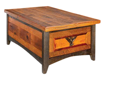 A rustic wooden coffee table with a rectangular top, dark-stained legs, and a drawer featuring a metal handle.