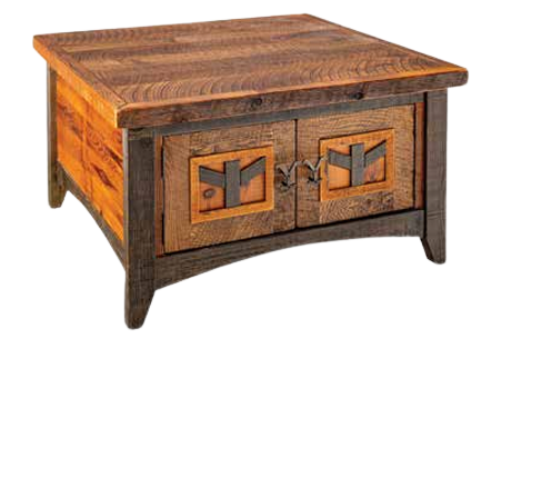 A rustic wooden coffee table with a rectangular top and two cabinet doors featuring distinctive metal cross accents.