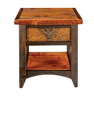 A rustic wood end table with a single drawer featuring a V-shaped accent and an open bottom shelf.