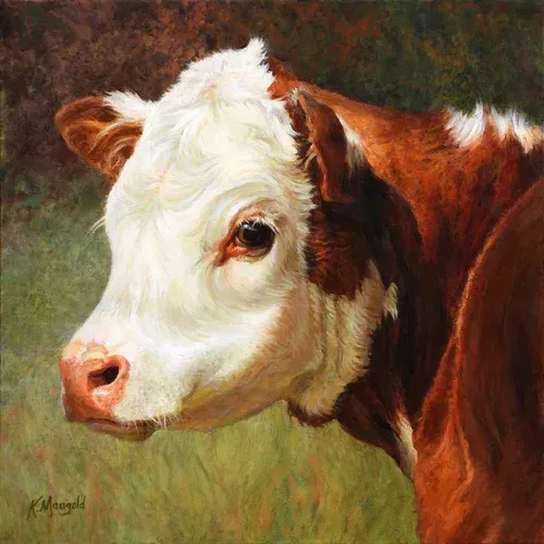 An oil painting of a cow with a white head and reddish-brown body, looking over its shoulder against a soft green backdrop.