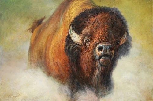 An oil painting of a bison with thick brown fur, standing in a misty, yellow-toned field.