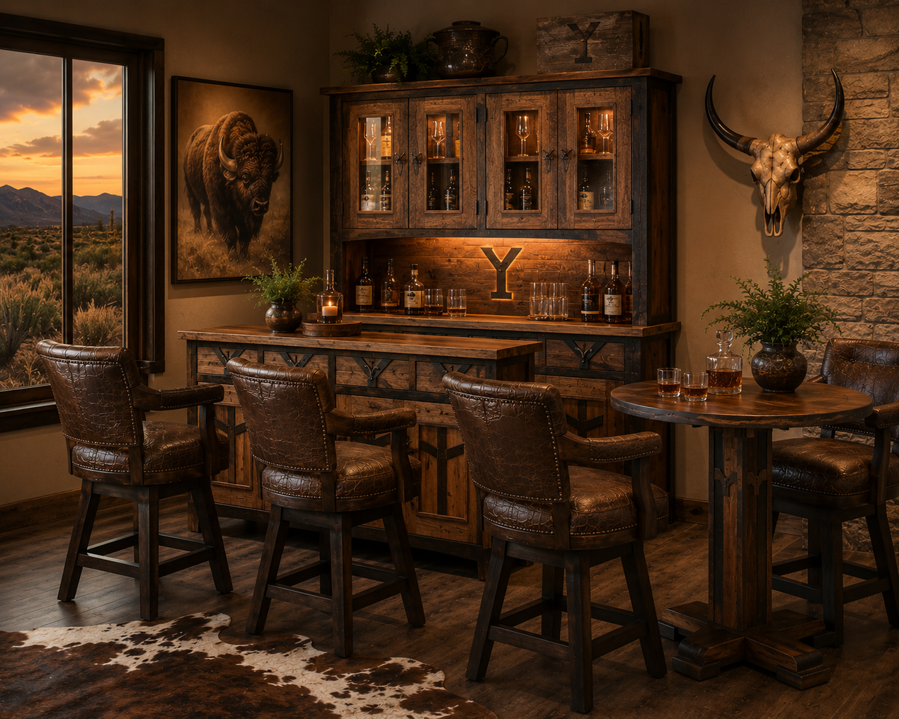 A rustic wooden bar with a live-edge countertop and two matching stools featuring natural branch legs and dark seats.