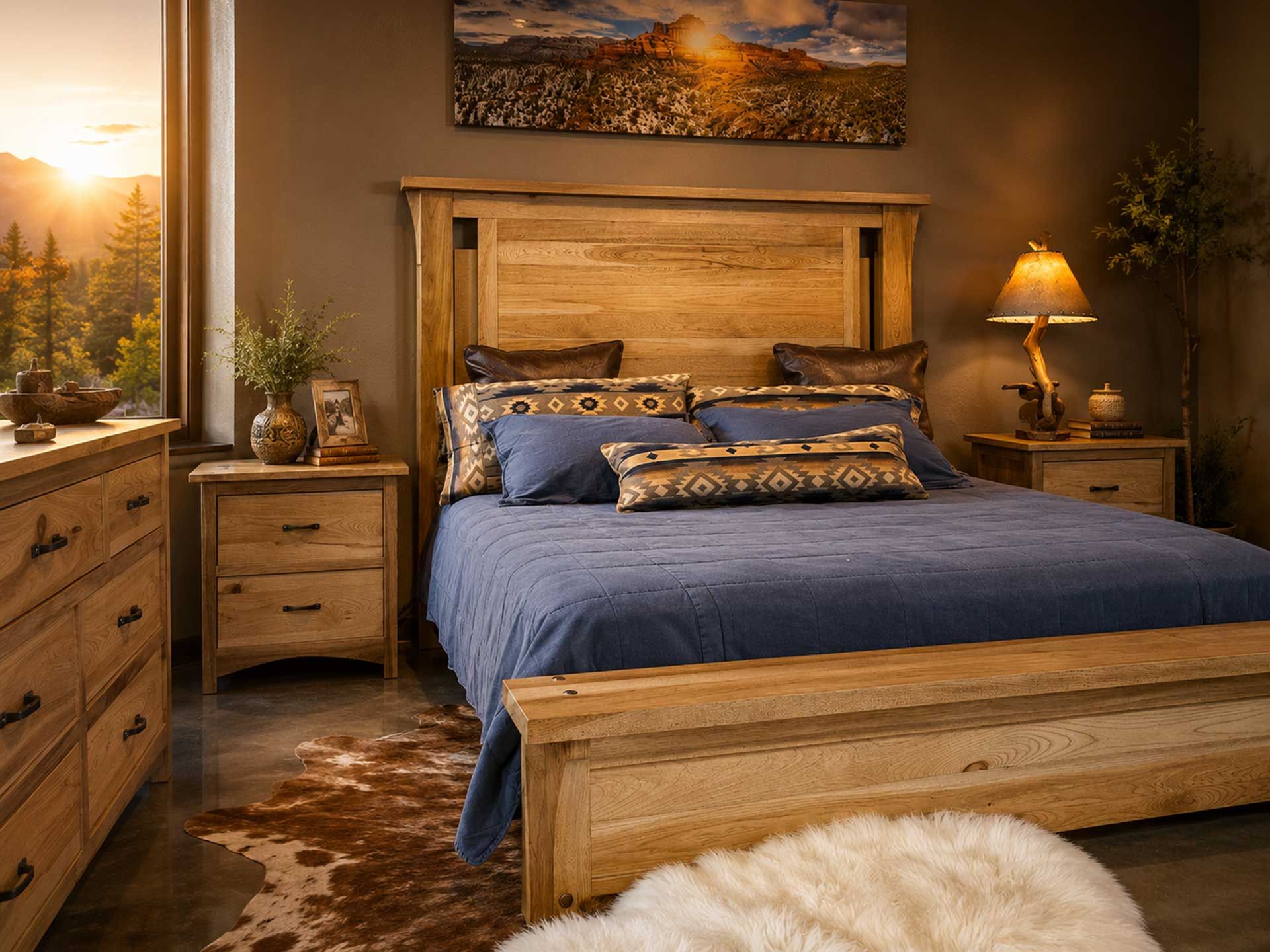 Rustic bedroom with a wooden bed, blue bedding, warm lamps, dresser, and cowhide rug
