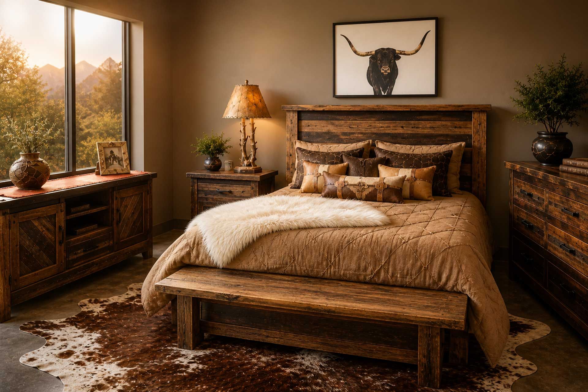 Cozy rustic bedroom with a wooden bed, warm lamp light, cow wall art, and large windows overlooking trees
