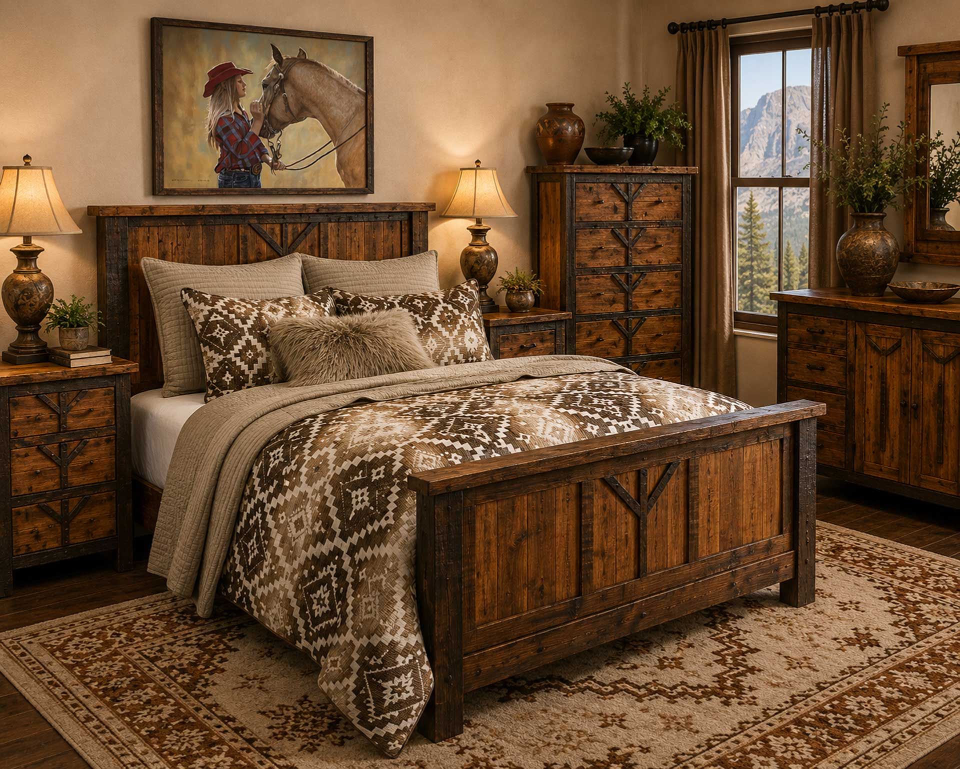 Cozy rustic bedroom with wooden bed, patterned bedding, lamps, dresser, and framed wall art