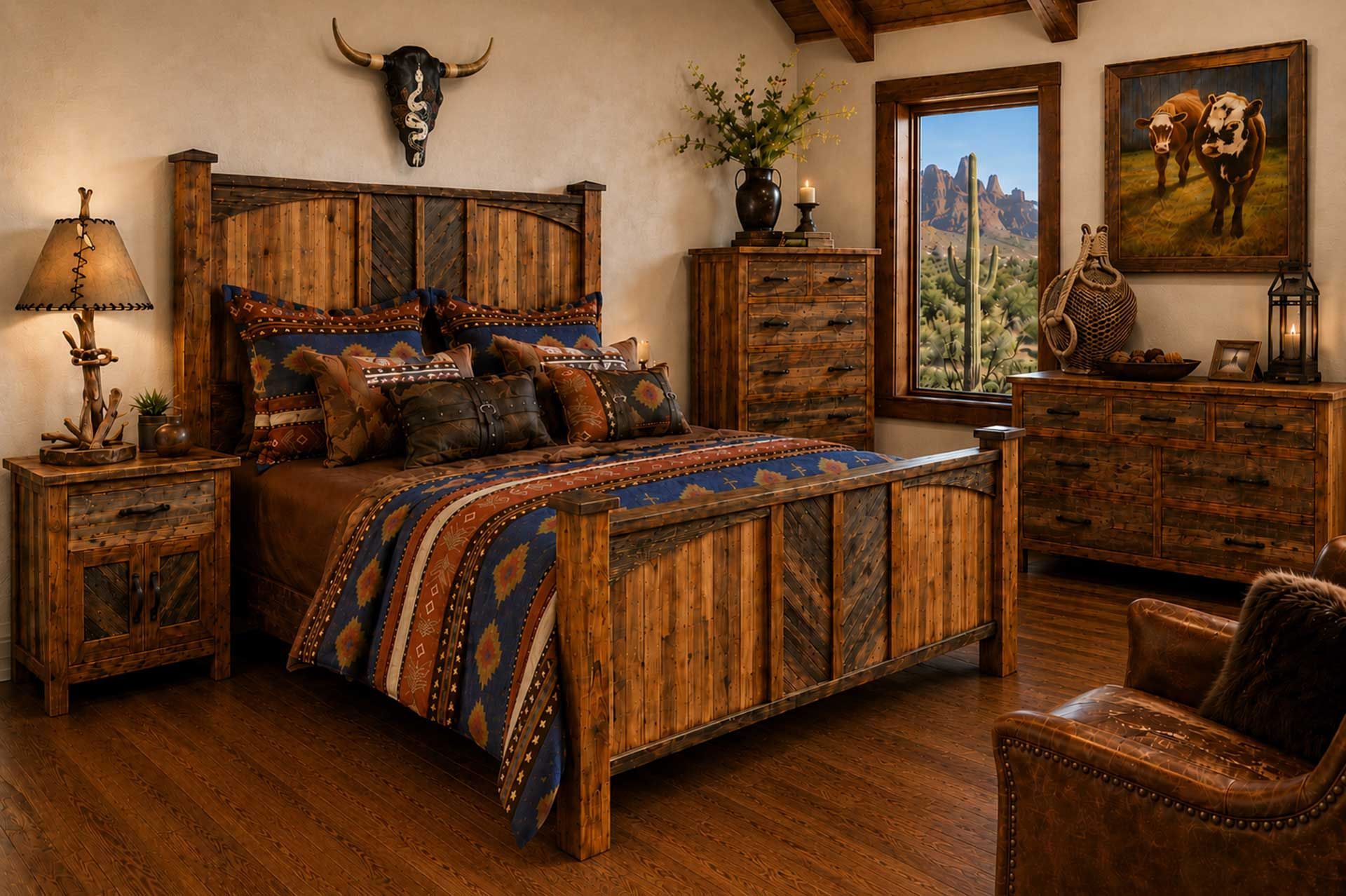 Rustic bedroom with a wooden bed, warm decor, dresser, lamp, and framed wall art.