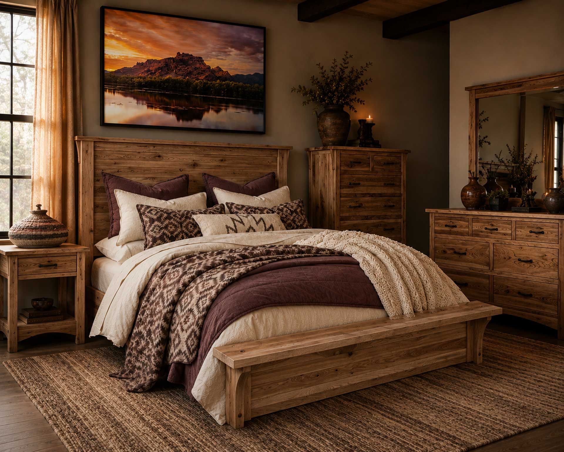 Cozy rustic bedroom with a wooden bed, layered bedding, and warm earth-toned decor