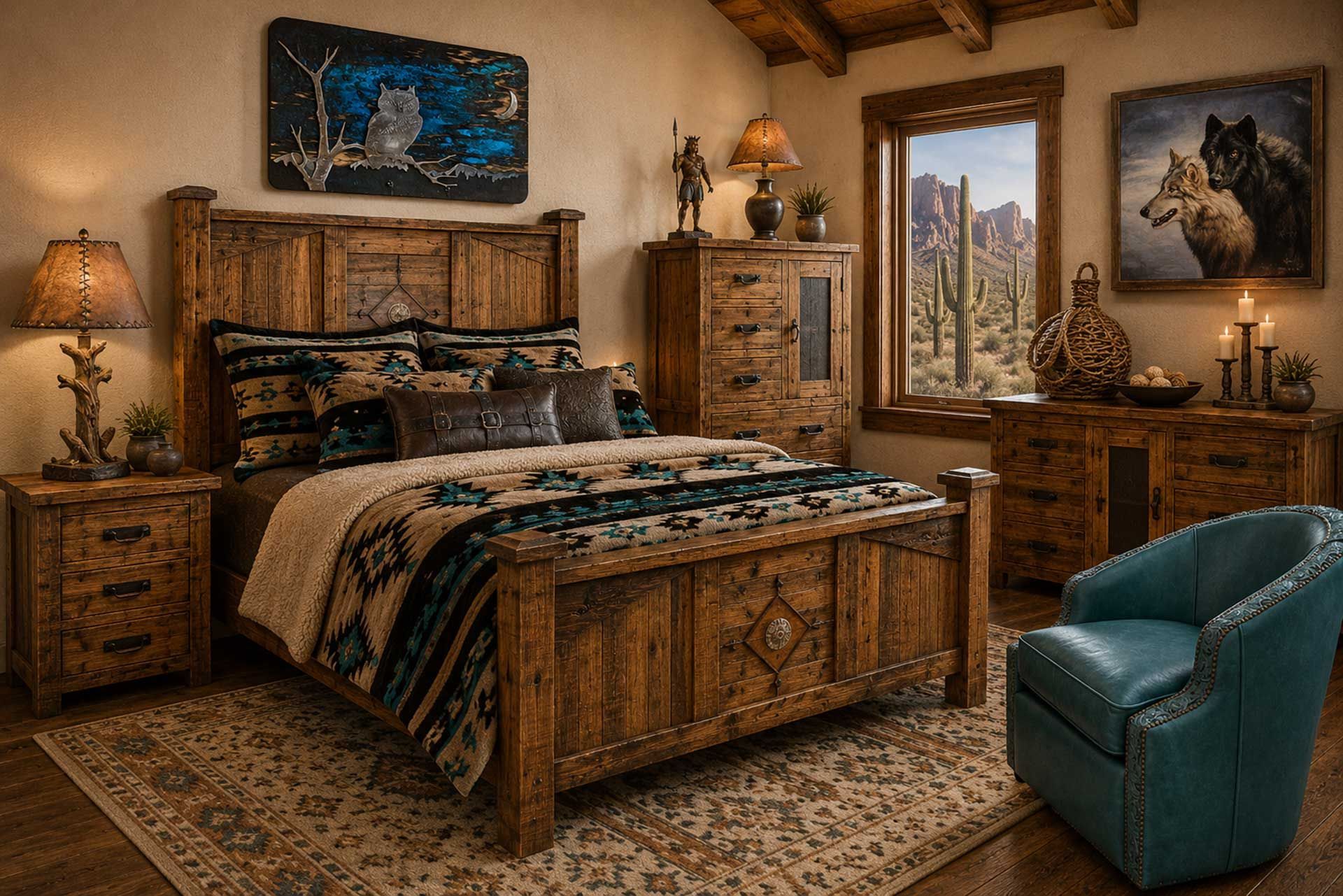 Cozy rustic bedroom with a wooden bed, patterned bedding, teal chair, and mountain view through open doors